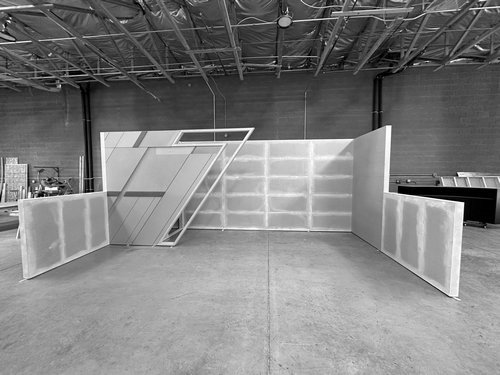 Modular exhibit frame and counters assembled in the workshop