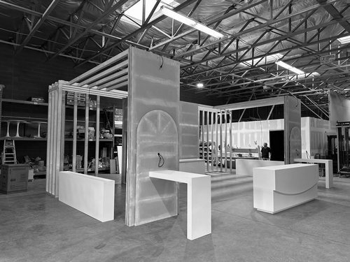 Custom exhibit frame and counters during workshop pre-build