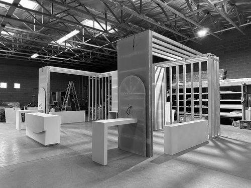 Side view of the exhibit pre-build in the Las Vegas workshop