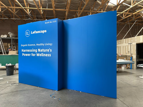 Large blue vinyl graphic panels prepared for an exhibit environment