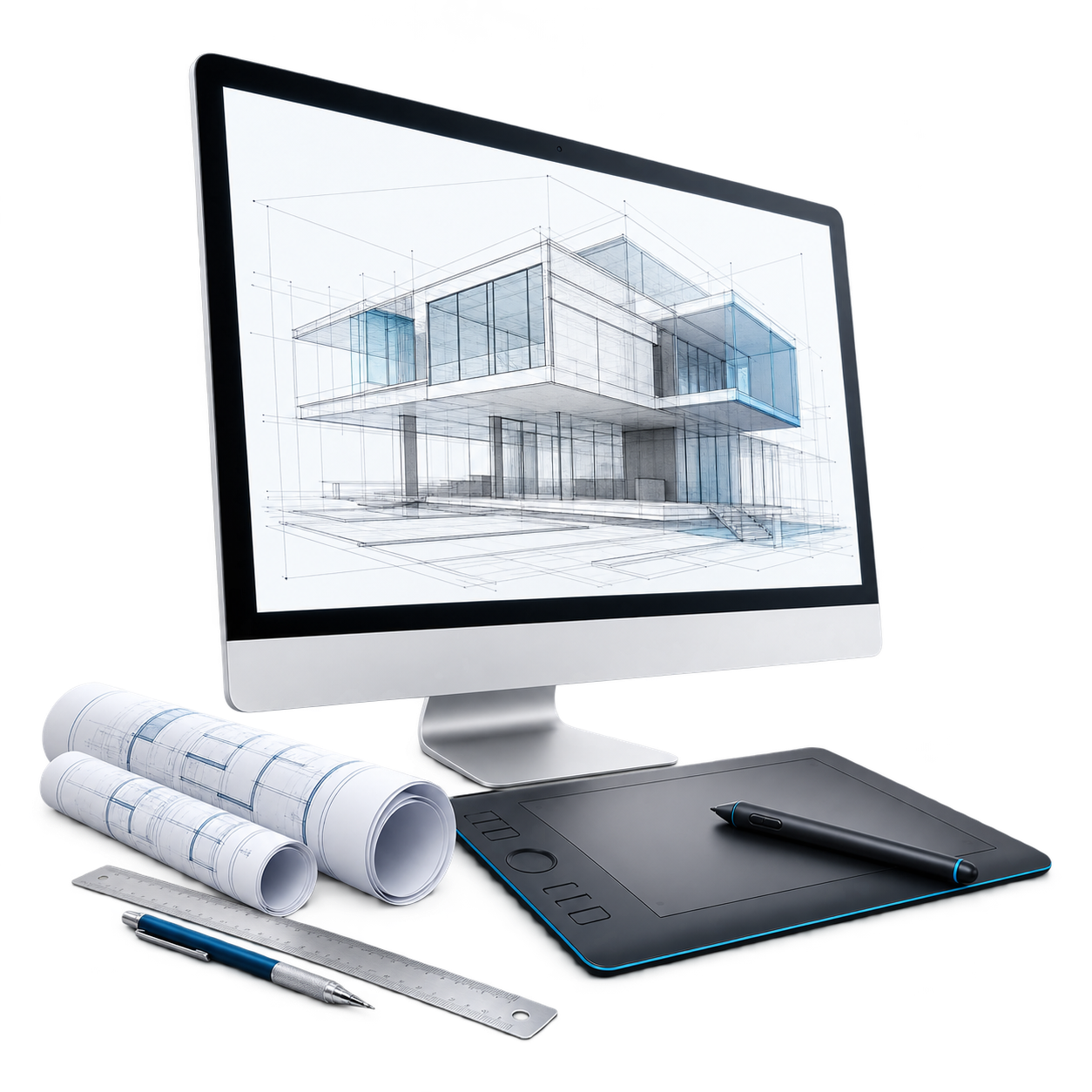 Design capability illustration: monitor, drawing tablet and plan